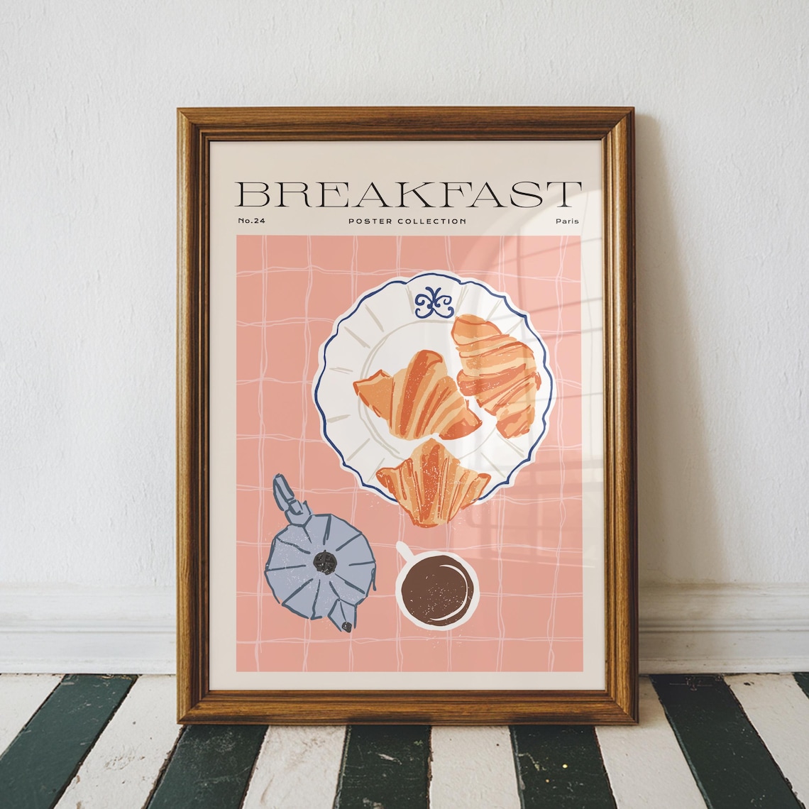 Paris Breakfast Croissant Coffee Pink French Kitchen Morning Poster