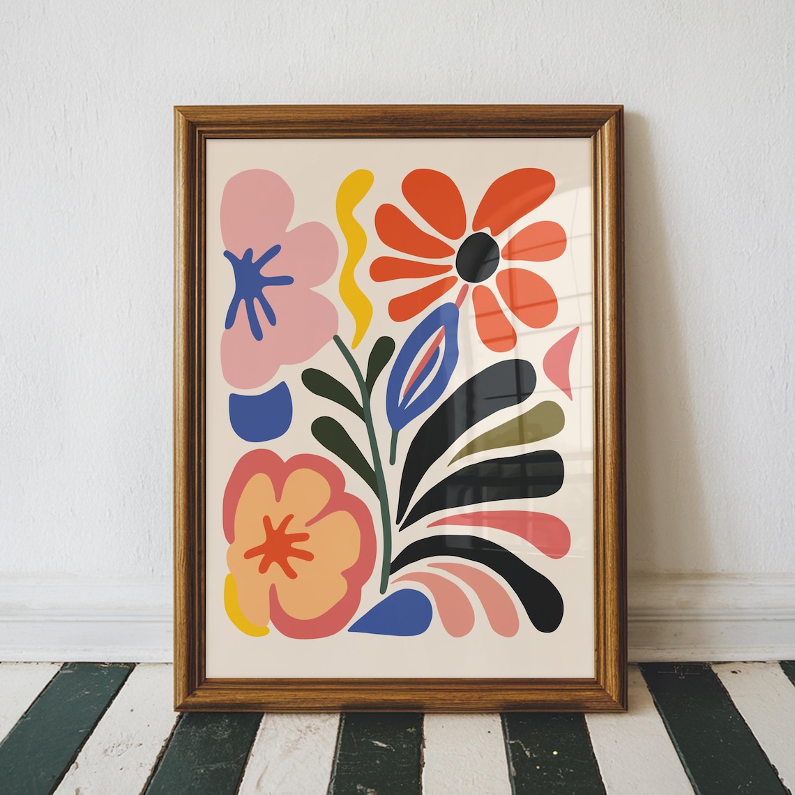 Abstract Folk Art Flowers Coral Red Blue Bold Retro Botanical Wall Art