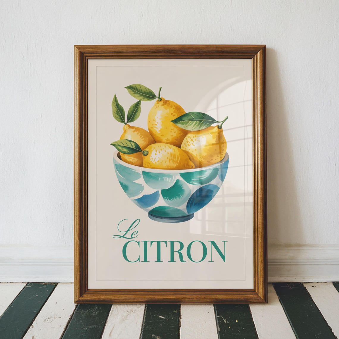 Le Citron Watercolor Lemon Bowl Blue French Kitchen Art Poster