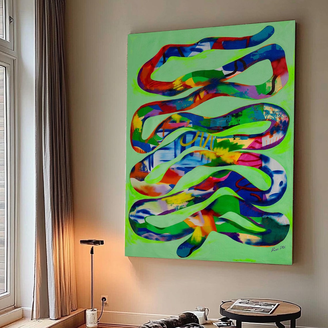 Neon Green Winding Ribbon Over Multicolor Streaks Abstract Poster