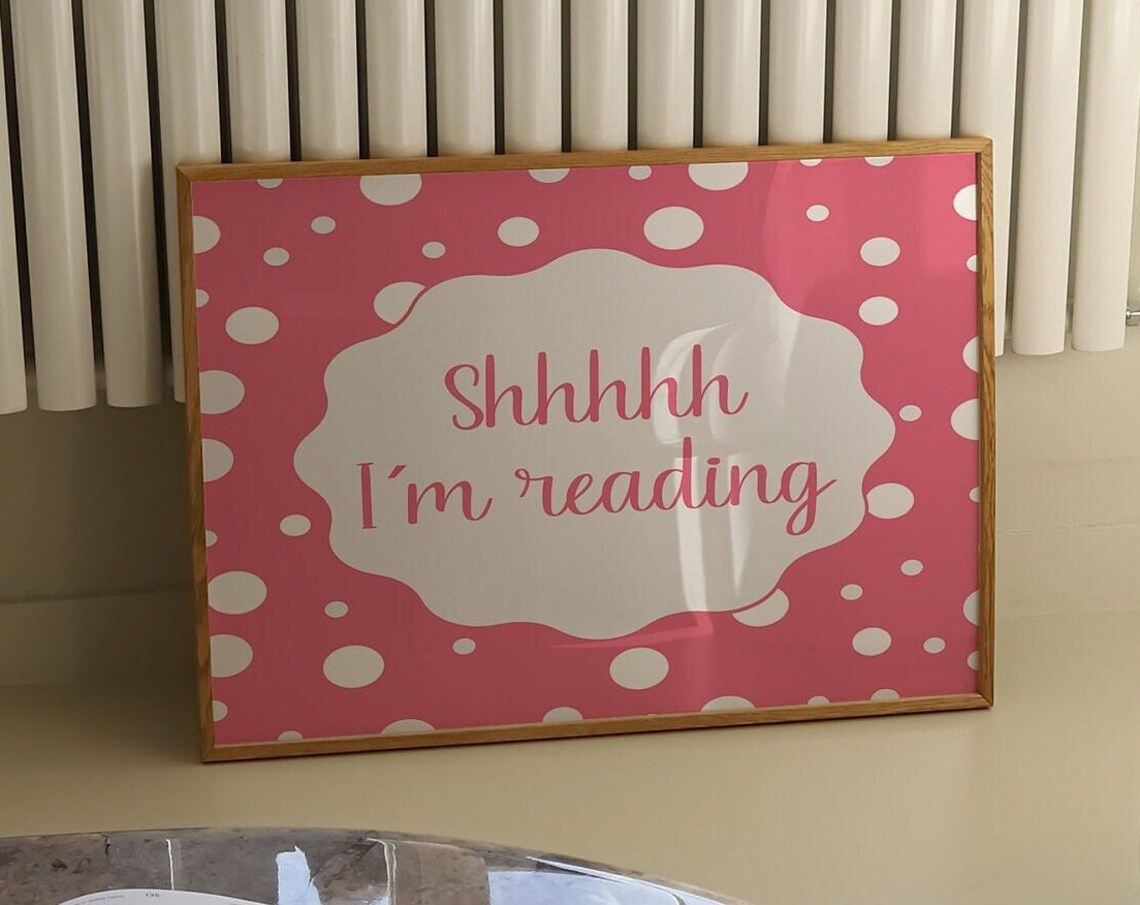 Shhhh Im Reading Pink Script Coral Polka Dot Reading Nook Poster - Image 3