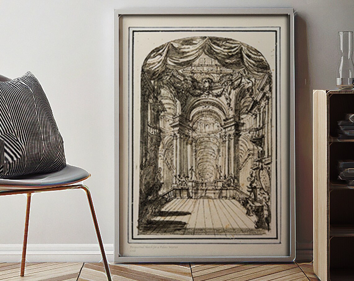 Baroque Palace Interior Columns Drapery Sketch Engraving Art Print