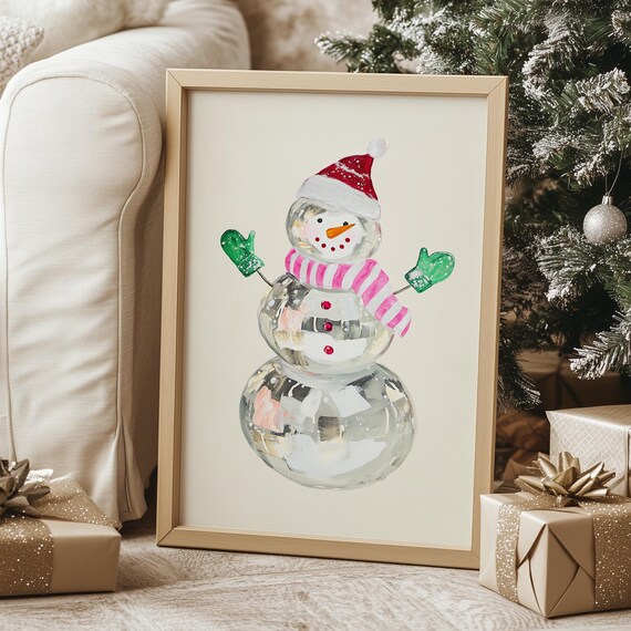 Disco Ball Snowman Santa Hat Pink Scarf Christmas Holiday Poster