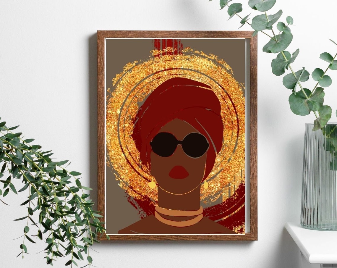 Golden Halo Woman With Red Headwrap Sunglasses Luxury Art Poster