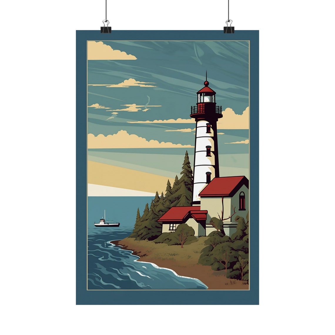 Coastal Red and White Lighthouse Rocky Shore Vintage Style Poster