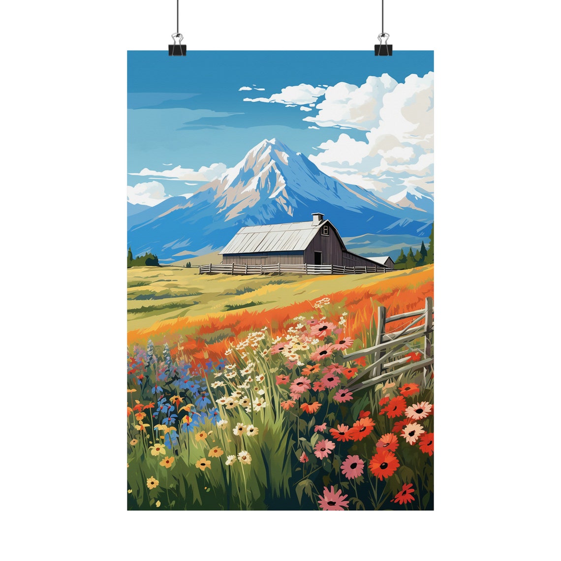 Mountain Barn Wildflower Meadow Snowy Peak Farmhouse Scene Poster