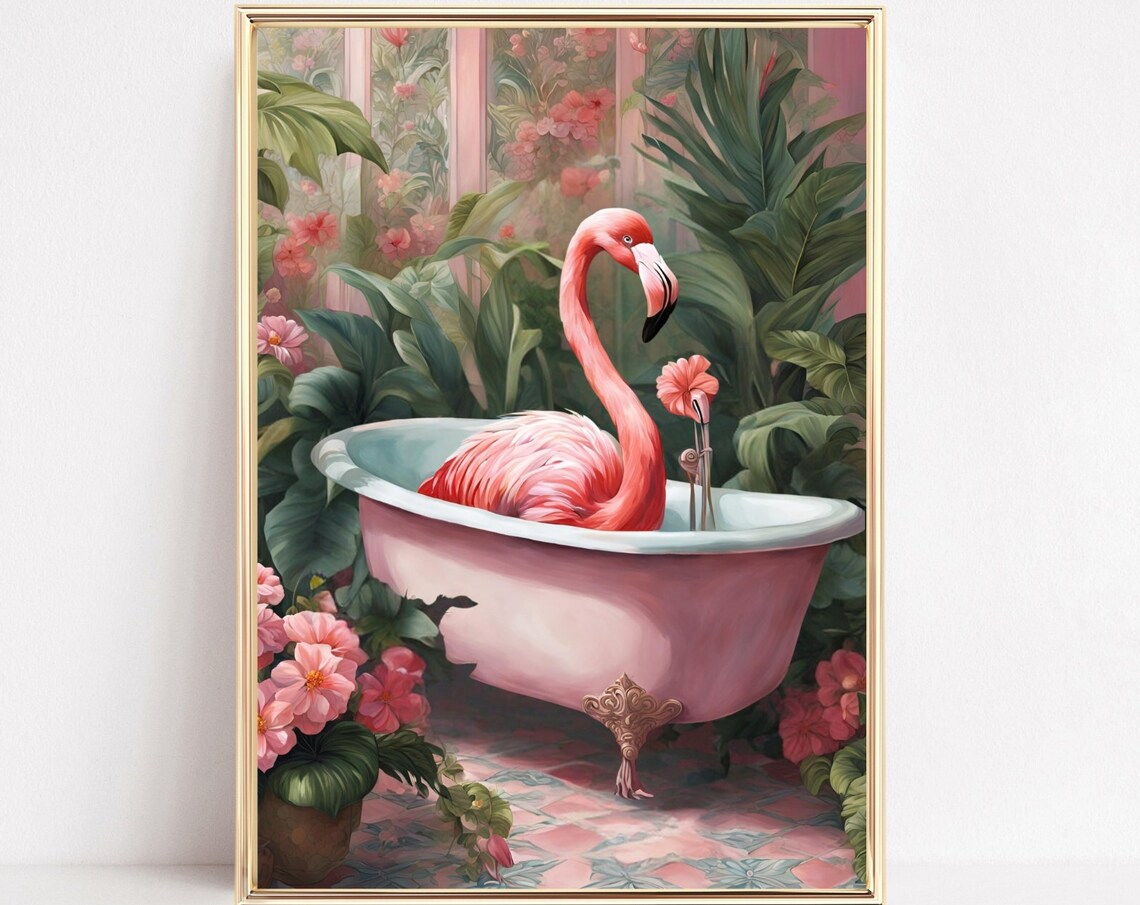 Pink Flamingo Bathtub Tropical Garden Whimsical Bird Art Poster