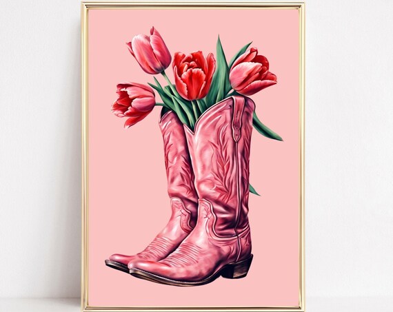 Pair Of Pink Cowboy Boots Holding Red Tulips On Pink Background Poster