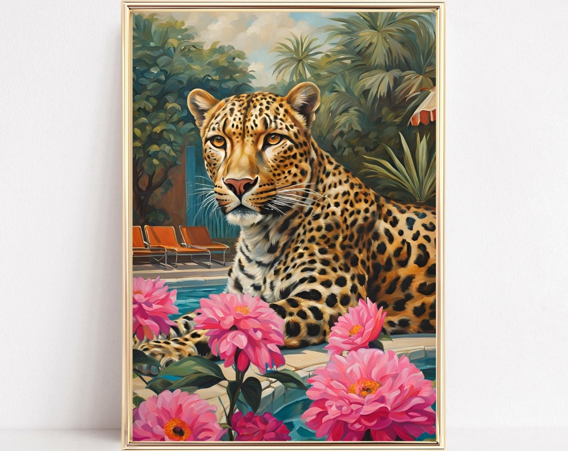 Tropical Leopard by the Pool Pink Flowers Maximalist Wall Poster