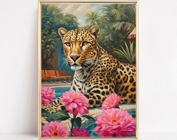 Tropical Leopard by the Pool Pink Flowers Maximalist Wall Poster