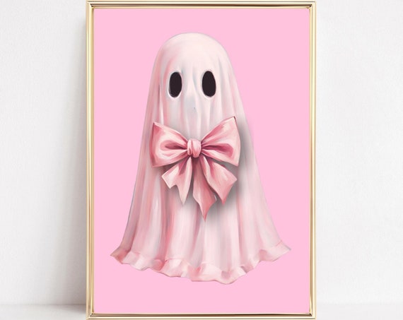 Pink Ghost Wall Art Print Pink Bow Ghost Cute Ghost Painting Coquette Aesthetic Halloween Decor Preppy Trendy Girly Art