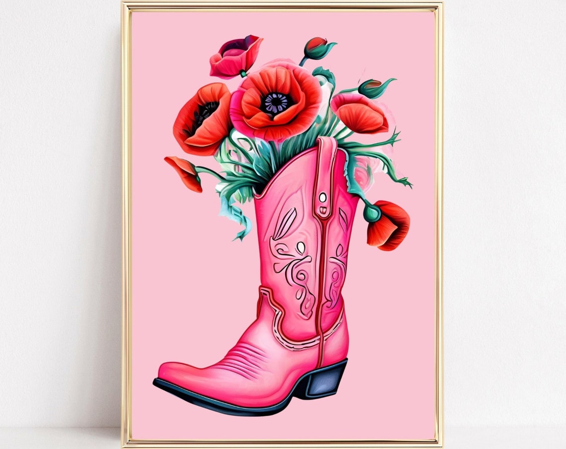 Pink Cowboy Boots Art Print Retro Western Cowgirl Art Floral Southwestern Wall Art Coastal Cowgirl Pink Aesthetic Room Decor