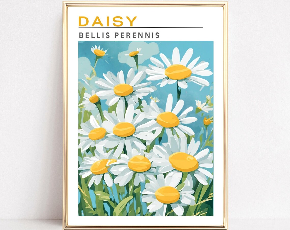 Daisy Bellis Perennis Flower Botanical Teal Vintage Chart Poster