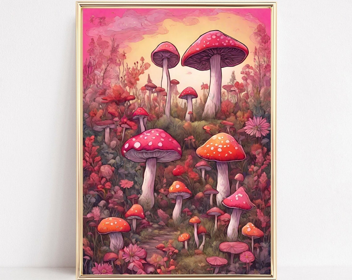 Pink Mushroom Wonderland Forest Art Whimsical Toadstool Print