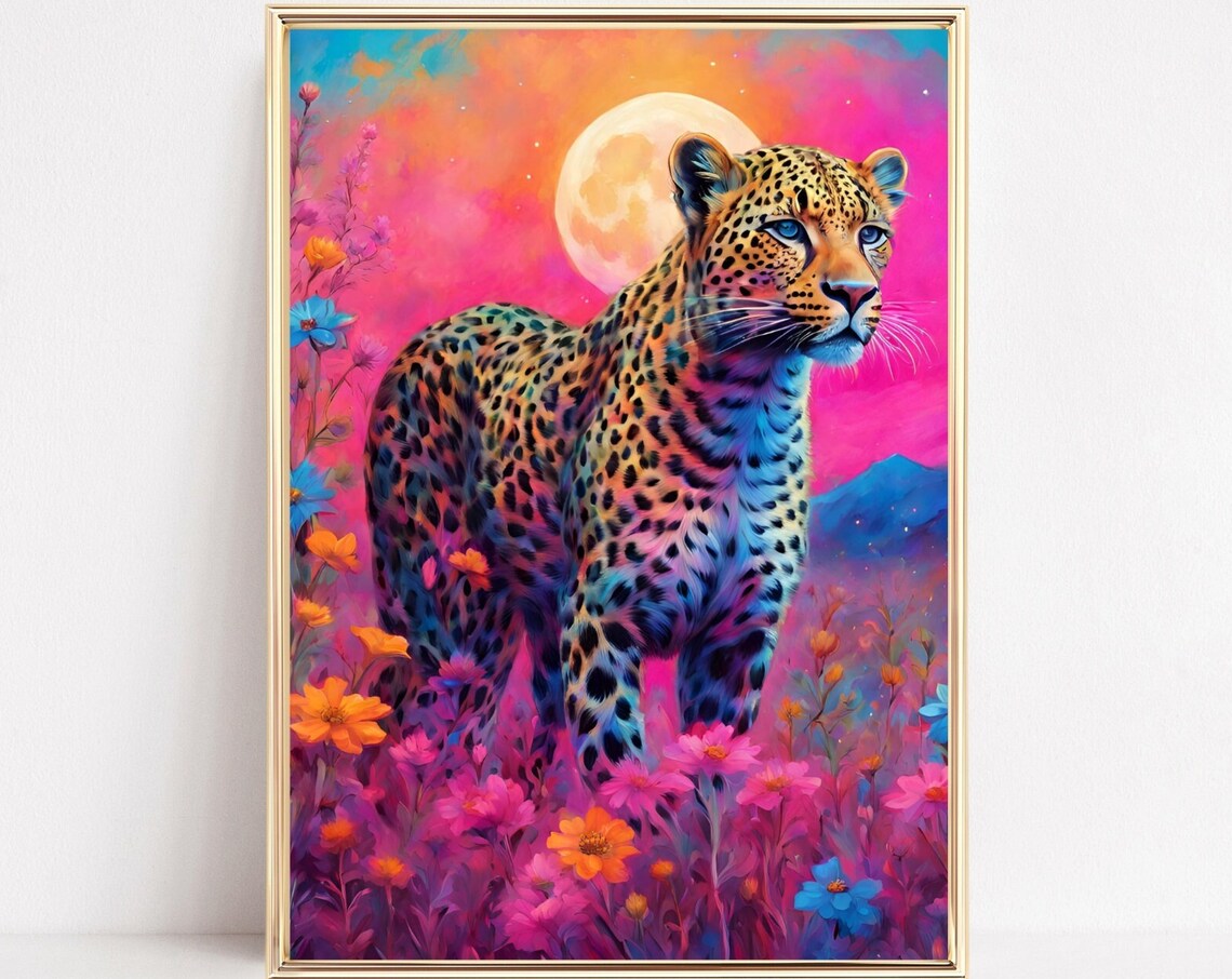 Rainbow Leopard Moon Art Neon Wildflower Night Jungle Feline Print