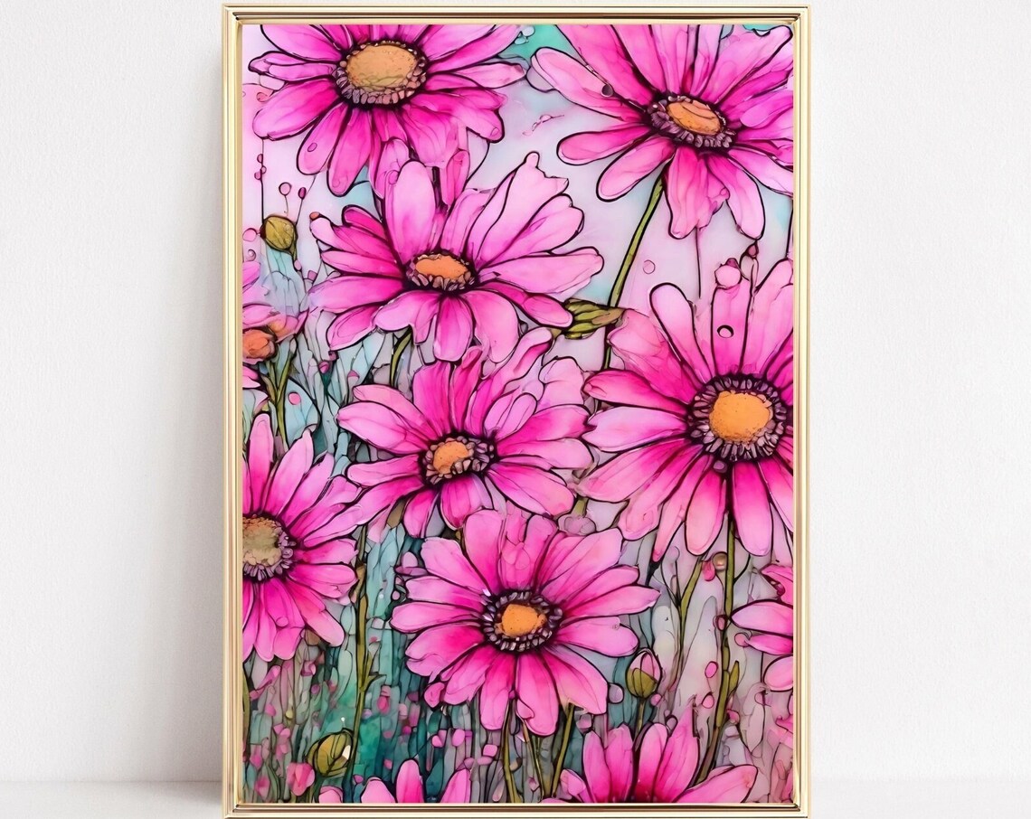 Pink Daisy Flower Art Print, Boho Wildflower Poster