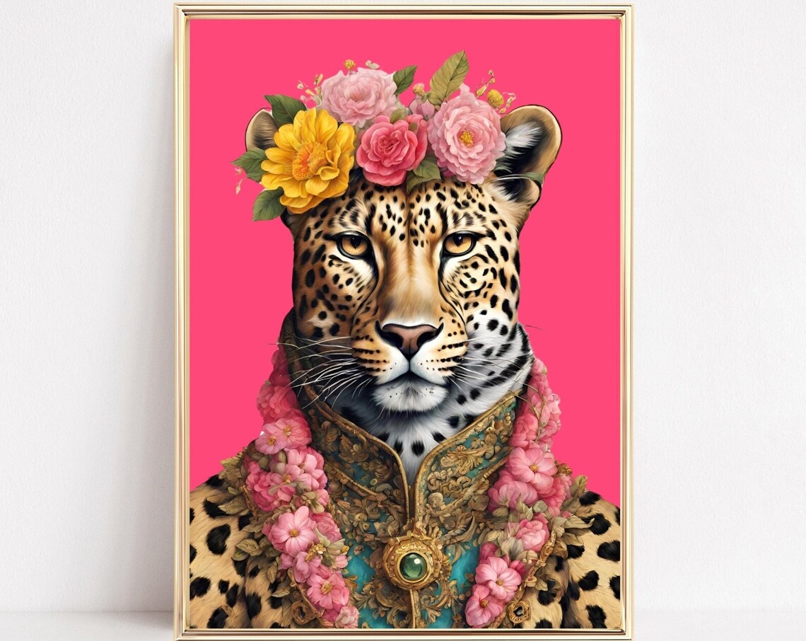Regal Leopard Fashion Art Gold Brocade Coat Pink Blossom Crown Print