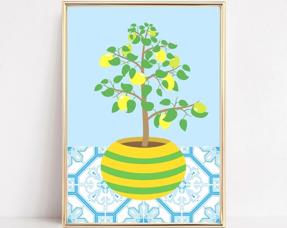 Lemon Tree Art Print, Boho Kitchen Citrus Decor