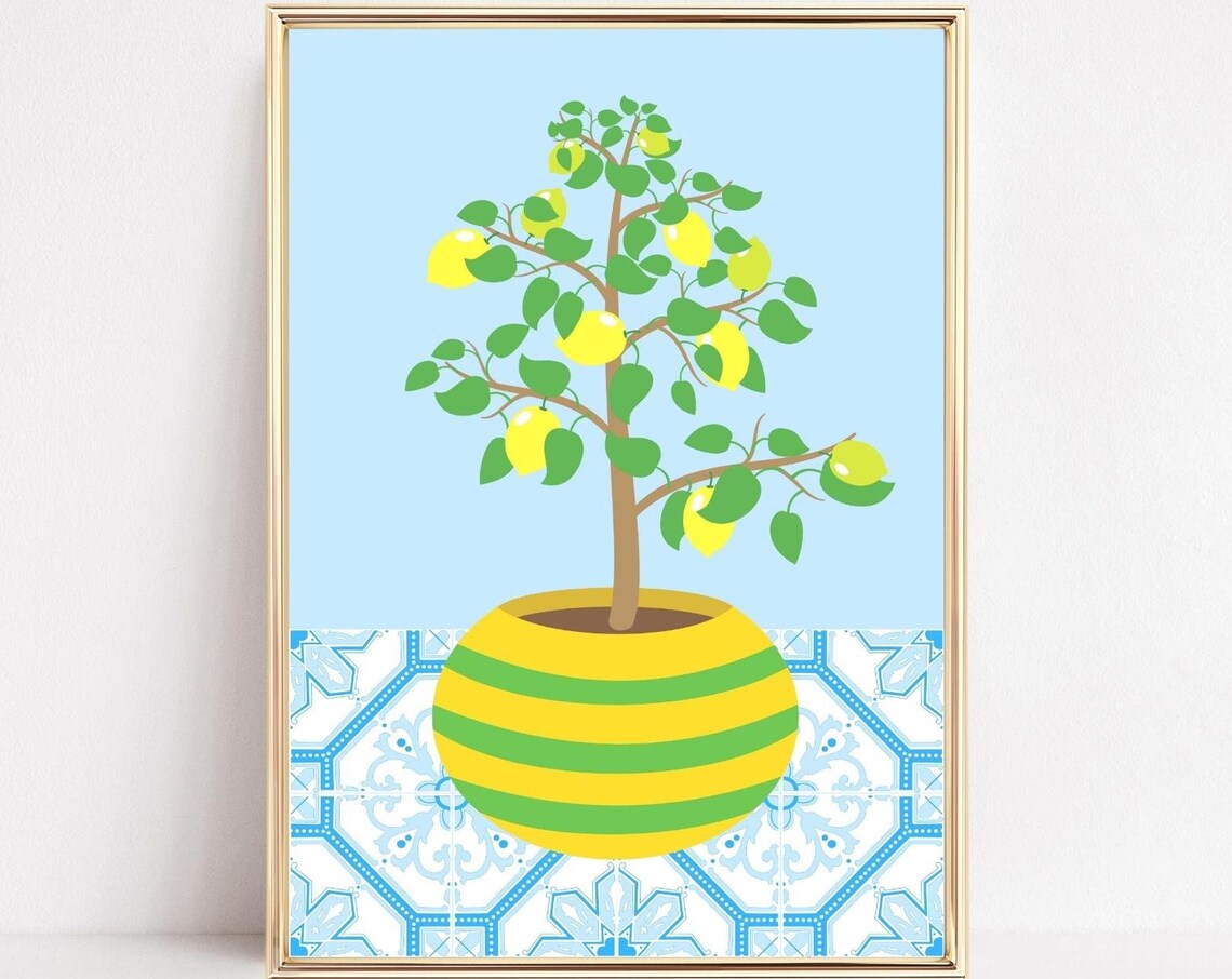 Lemon Tree Art Print, Boho Kitchen Citrus Decor