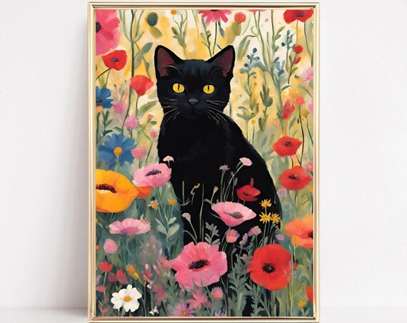 Black Cat Poppy Field Art Spring Wildflower Garden Cat Print