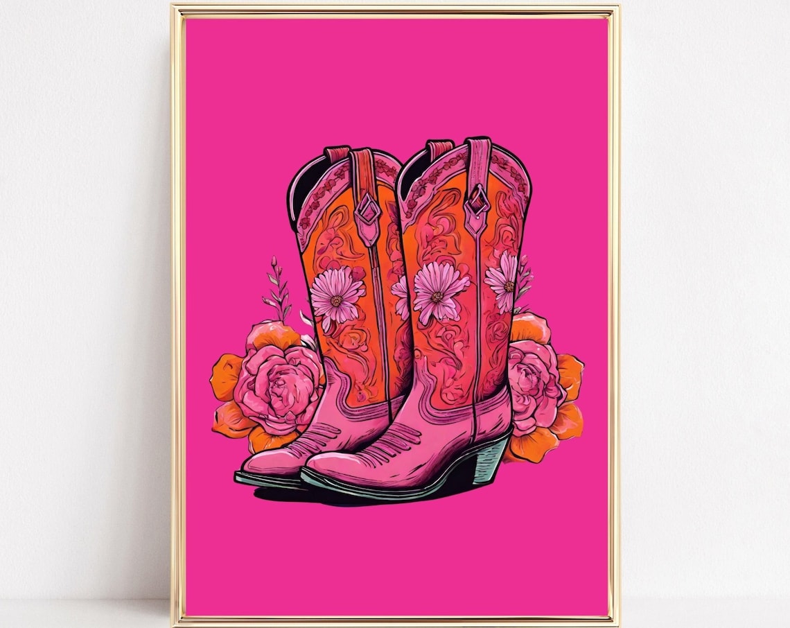 Pink Cowboy Boots Floral Art Western Cowgirl Rose Flower Print