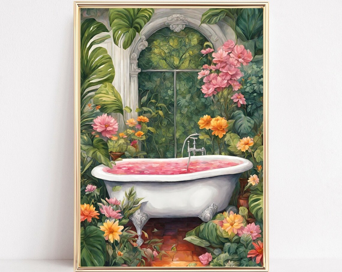 White Clawfoot Bathtub Floral Garden Art Blush Pink Bloom Print