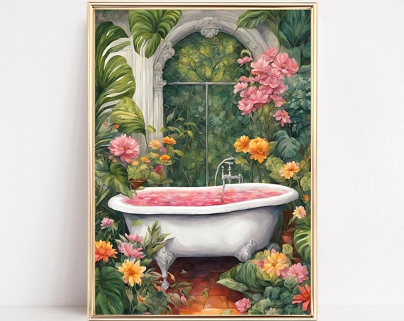 Botanical Bathtub Art Floral Bathroom Print Bathtub Wall Art Bathroom Plant Print Tropical Bathroom Poster Instant