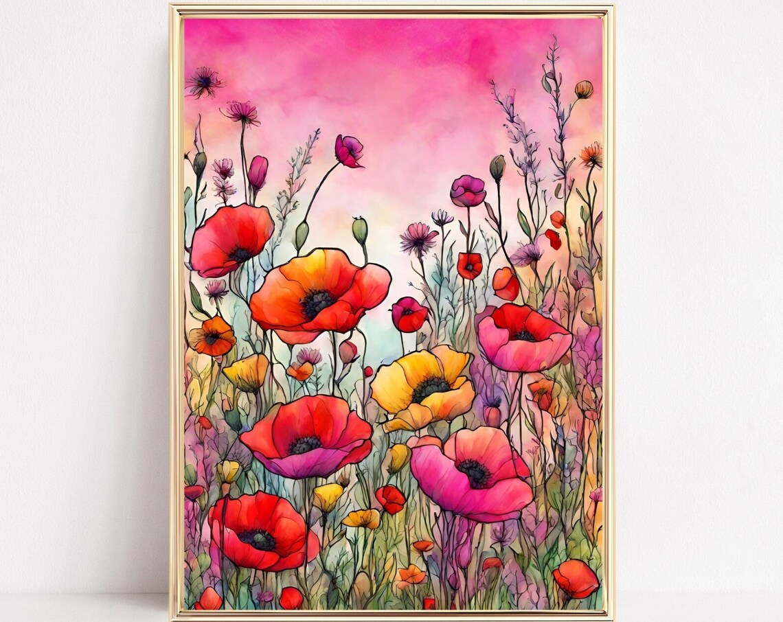 Red Poppy Flowers Pink Sky Sunset Watercolor Botanical Art Poster