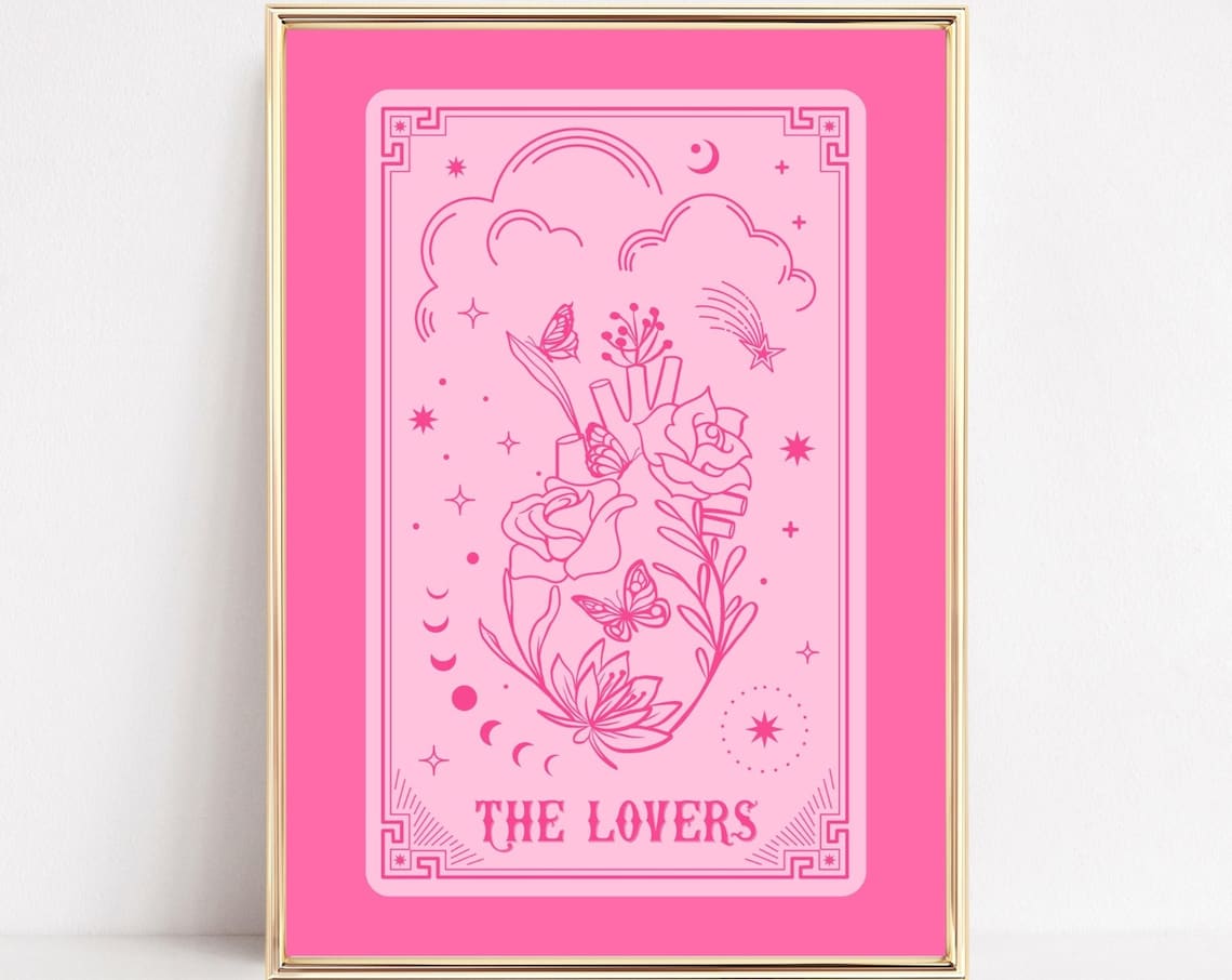 The Lovers Tarot, Pink and Red Tarot Art Print