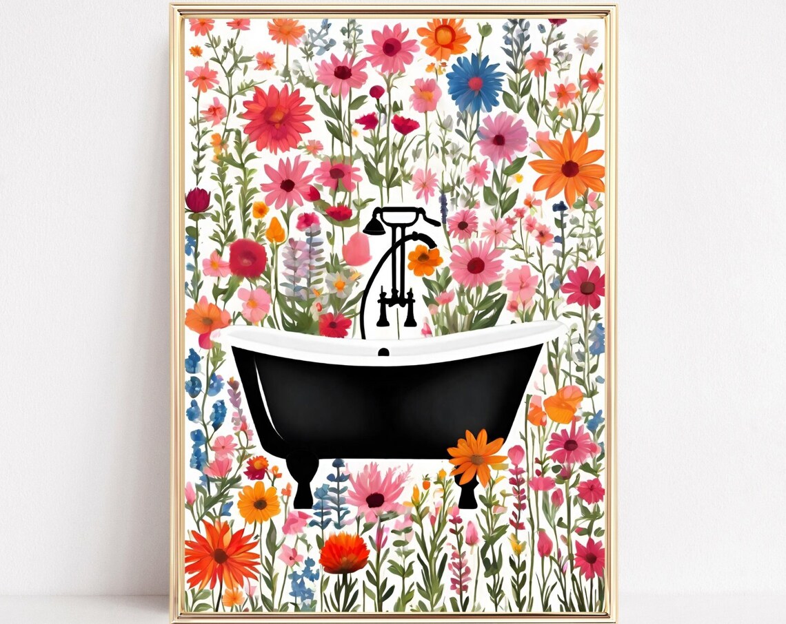 Clawfoot Bathtub Wildflower Wall Colorful Floral Bath Art Poster