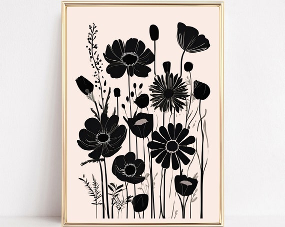 Black Beige Botanical Art Print Wildflower Wall Decor Large Abstract Wall Art Neutral Flower Poster Moody Botanical Art