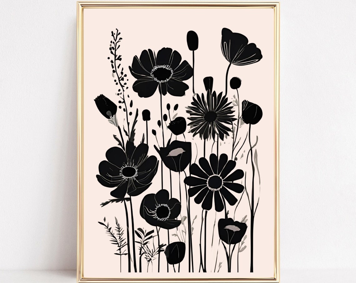 Black Wildflower Bouquet Silhouette Cream Modern Botanical Art Poster