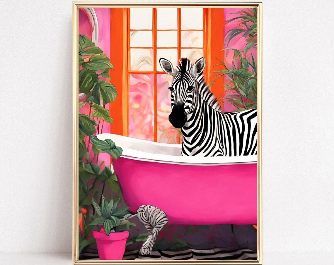 Zebra in Pink Bathtub Vivid Tropical Plants Funny Bathroom Poster
