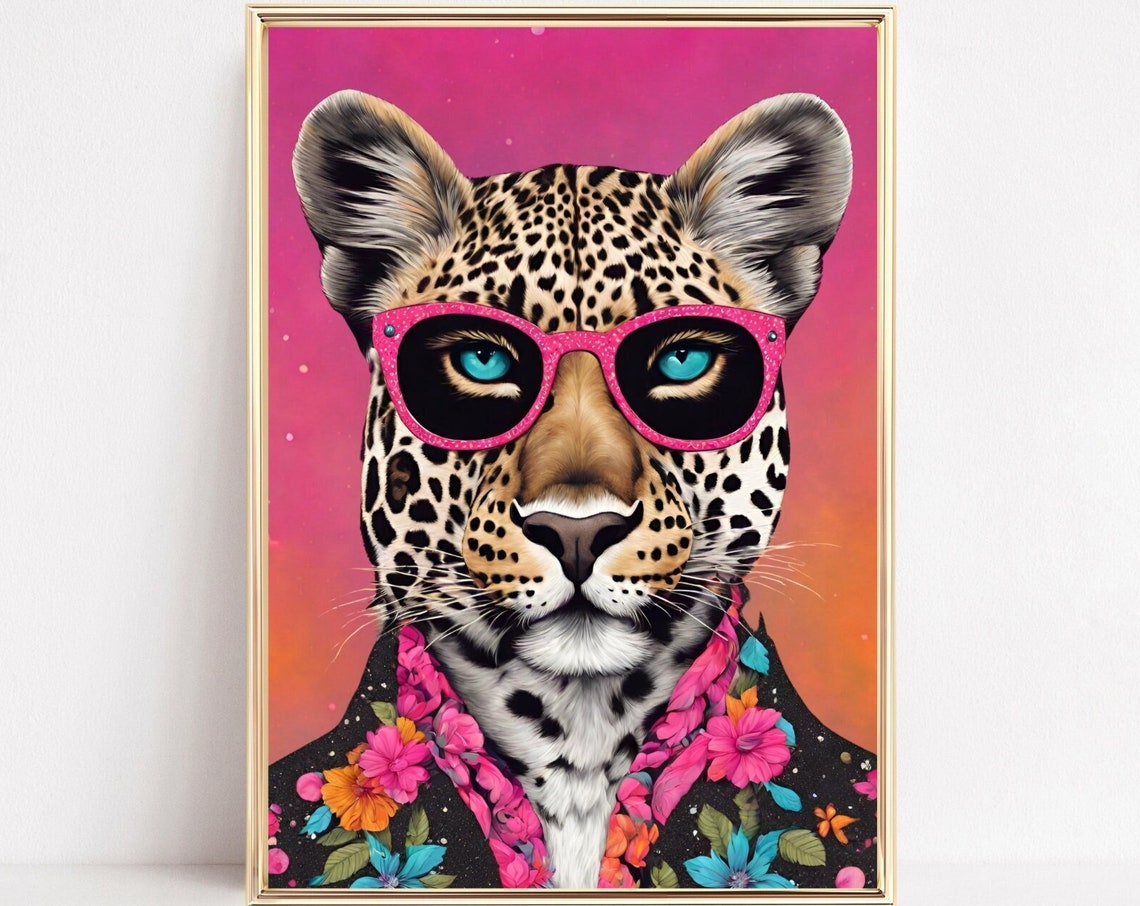 Leopard Pink Sunglasses Floral Jacket Bold Pop Art Portrait Poster