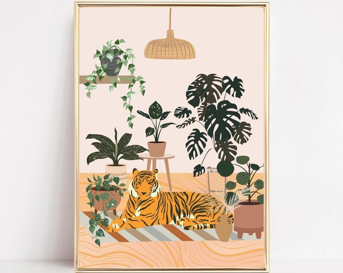 Tiger And Plants Boho Botanical Art Print