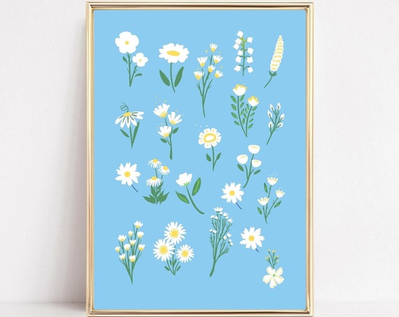 Wildflowers Blue Floral Art Print, Boho Cottagecore