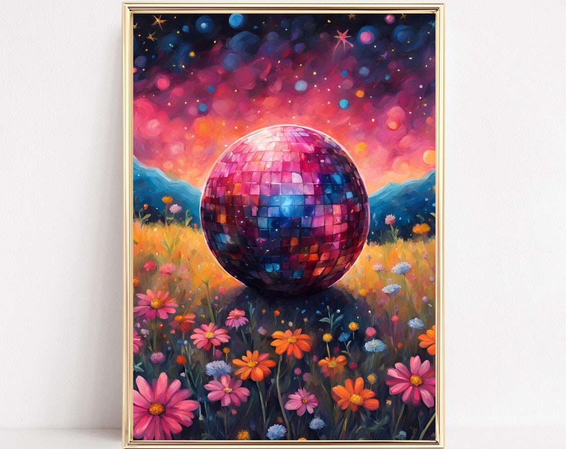 Disco Ball Flower Field Art Starry Night Groovy Mirror Print