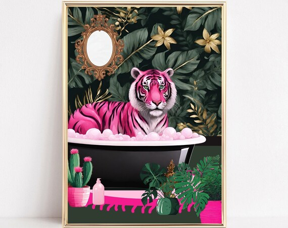 Pink Tiger Bathtub Art Bold Jungle Bathroom Bubble Bath Print