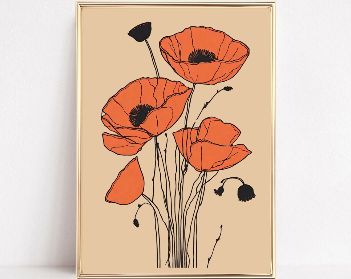 Orange Poppy Line Art Beige Minimalist Botanical Sketch Poster
