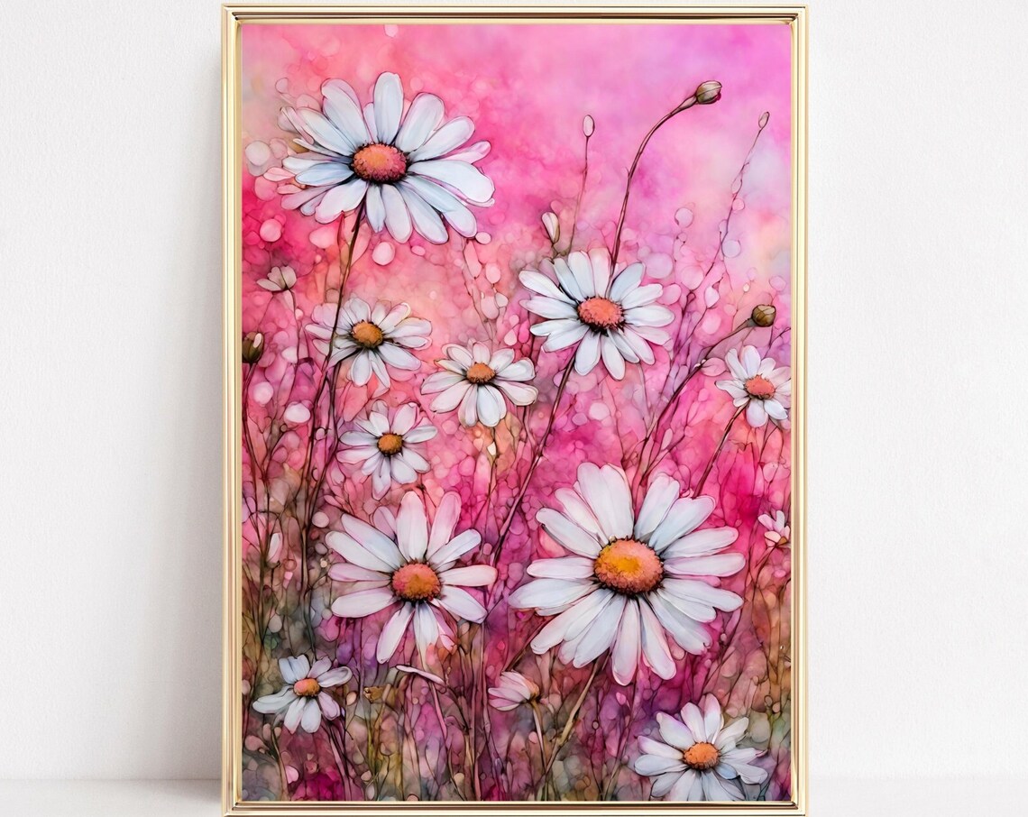 White Daisy Pink Meadow Art Watercolor Wildflower Field Print