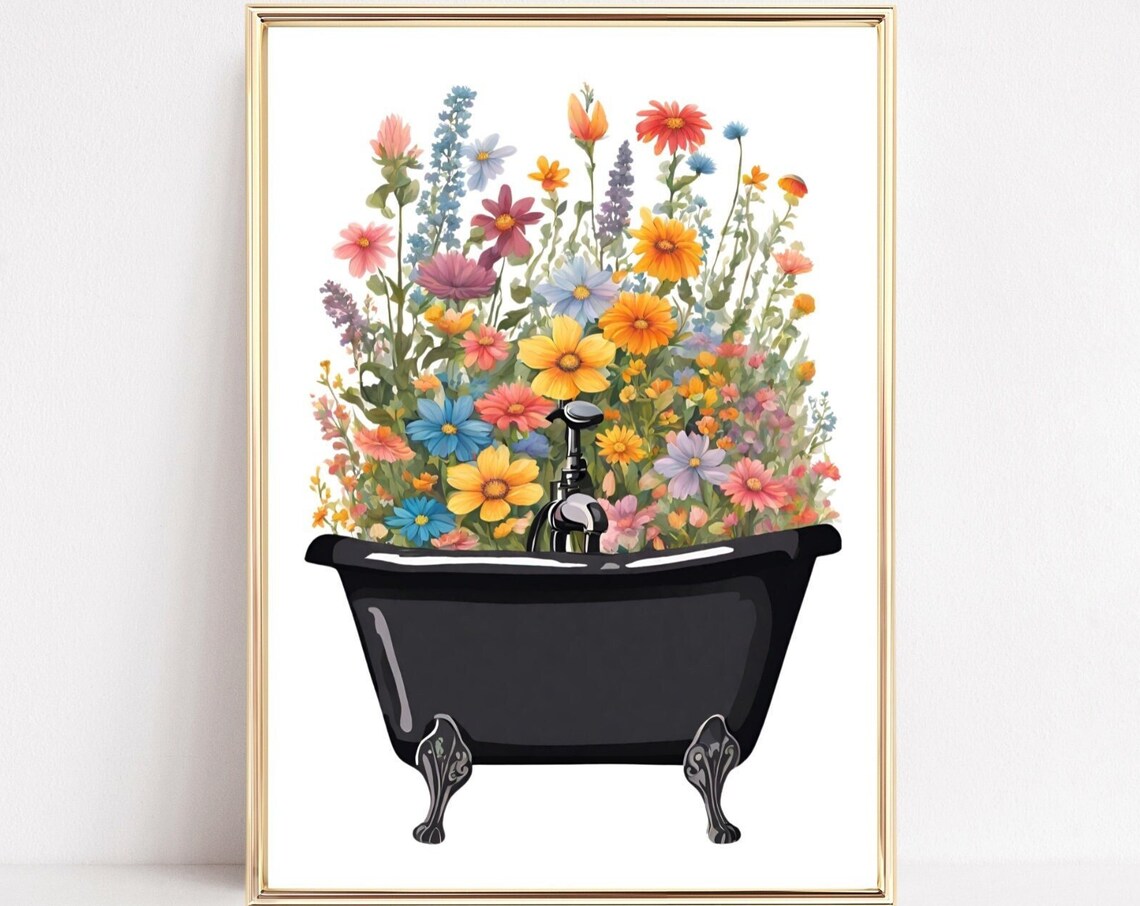 Vibrant Bathtub Full Of Wildflowers Colorful Floral Bath Art Poster