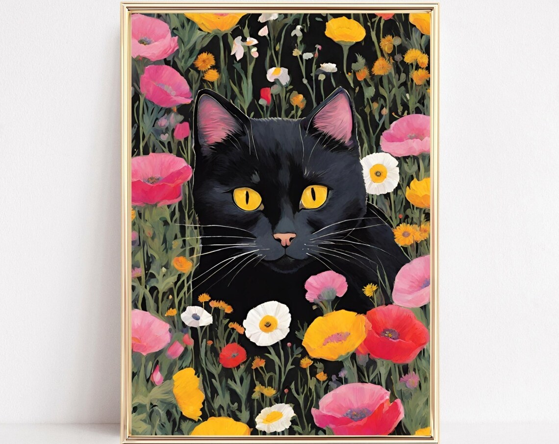 Black Cat Wildflower Garden Art Golden Eyes Floral Feline Print