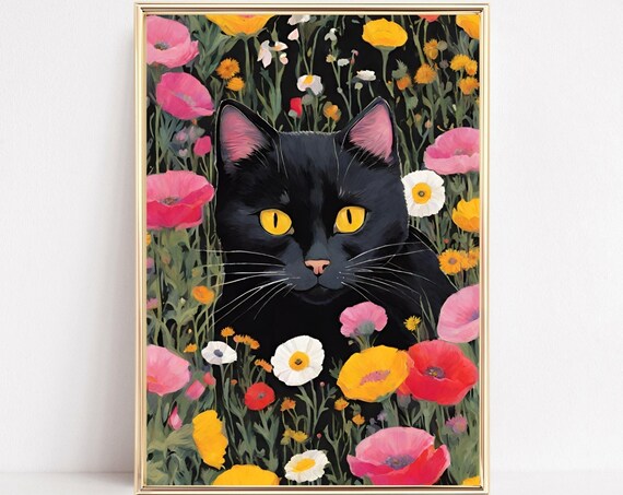 Black Cat Wildflower Garden Art Golden Eyes Floral Feline Print