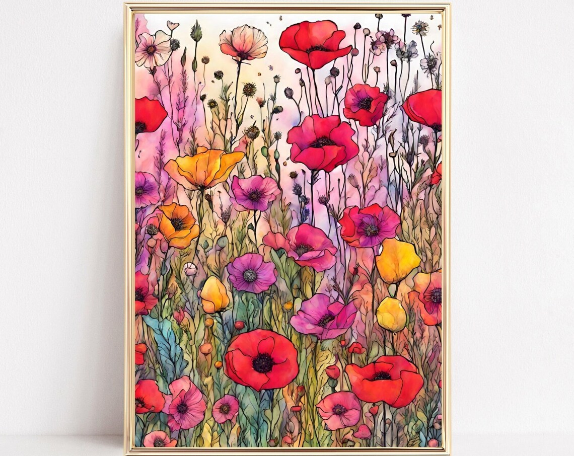 Colorful Poppy Wildflower Field Watercolor Meadow Wall Poster