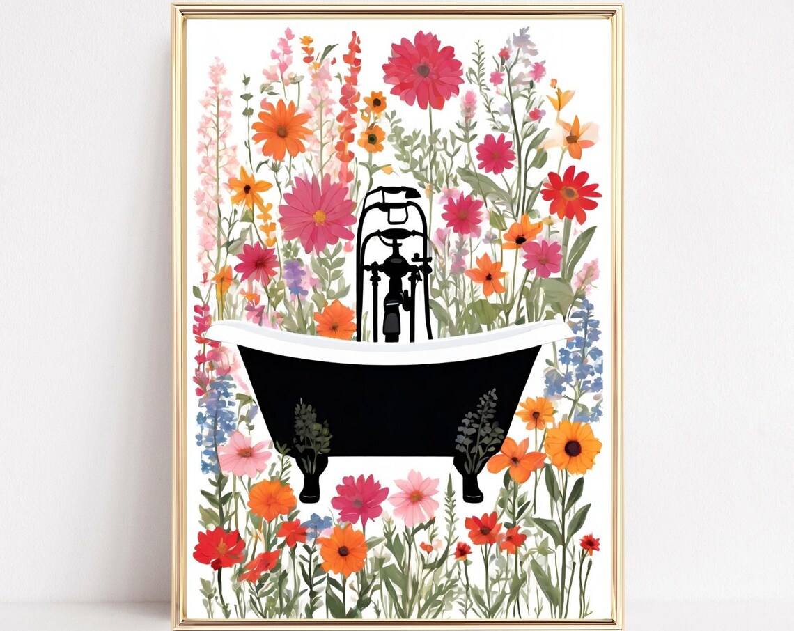 Black Bathtub Wildflowers Floral Bathroom Black White Art Poster