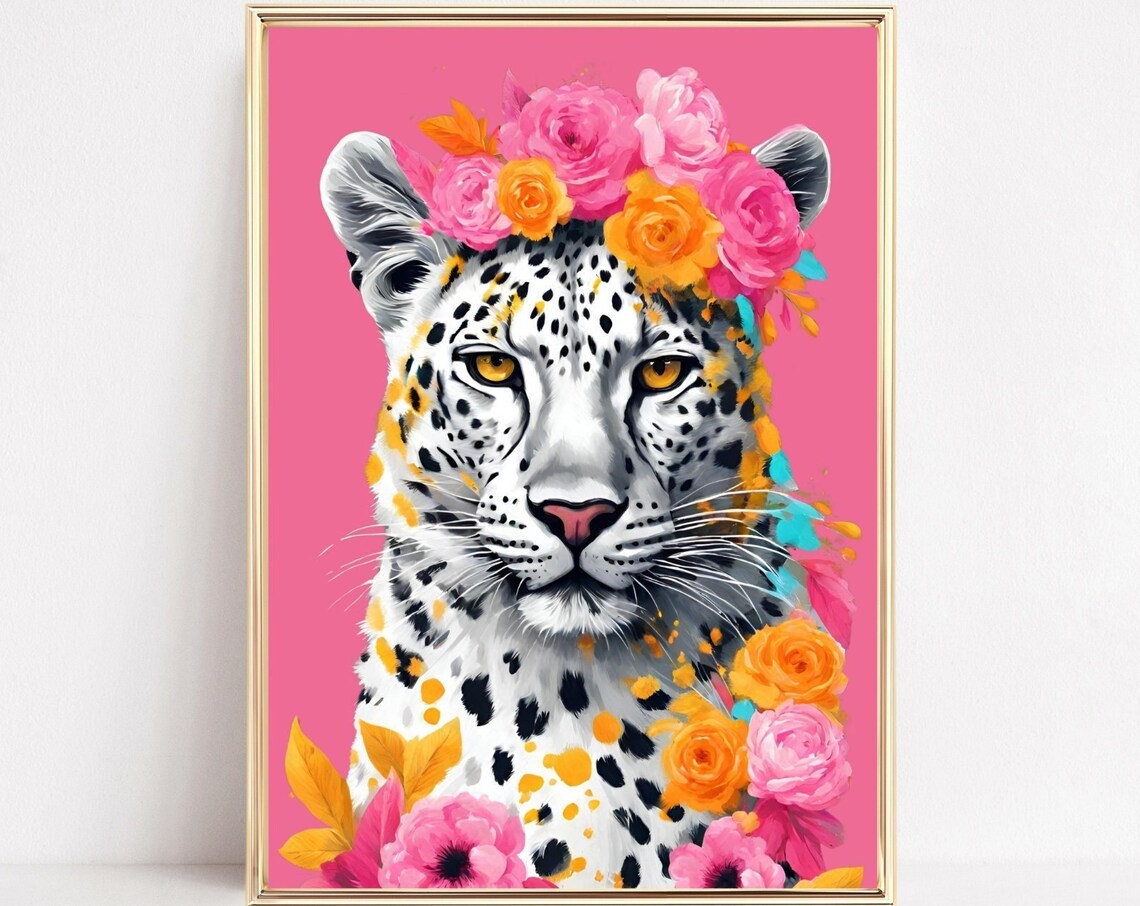 Tropical Leopard Floral Leopard Art Print, Maximalist