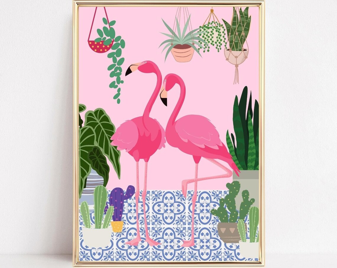 Pink Flamingo Botanical Flamingo Art Print, Boho