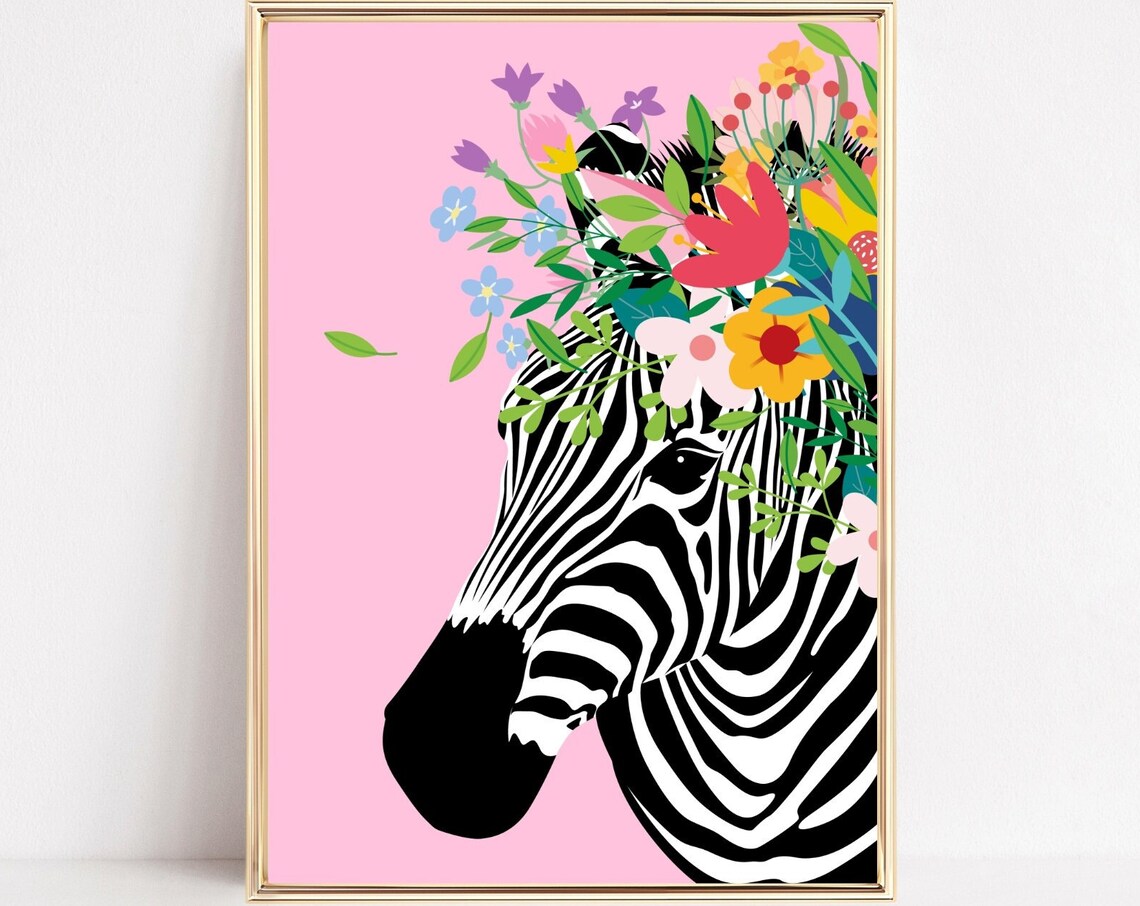 Floral Crown Zebra Art Print, Boho Safari Decor