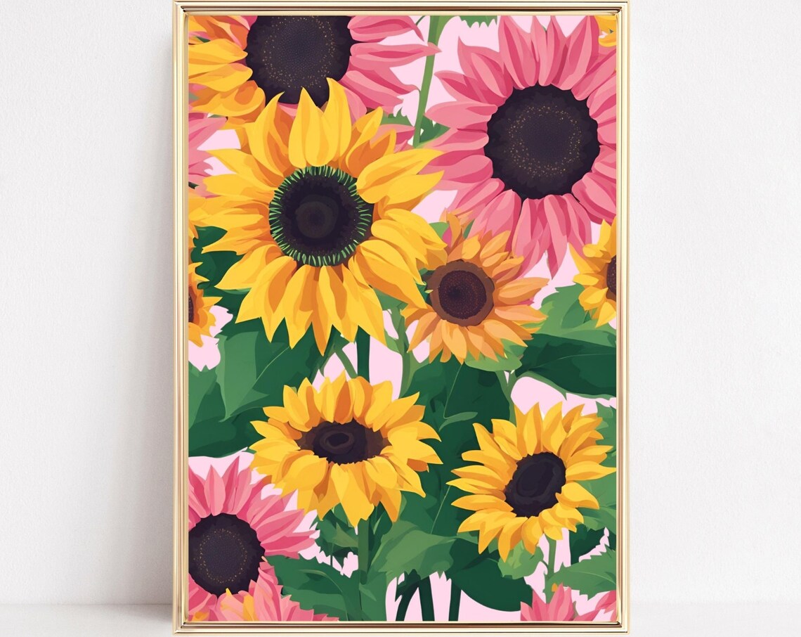 Yellow Pink Sunflower Field Blooming Floral Pattern Art Poster