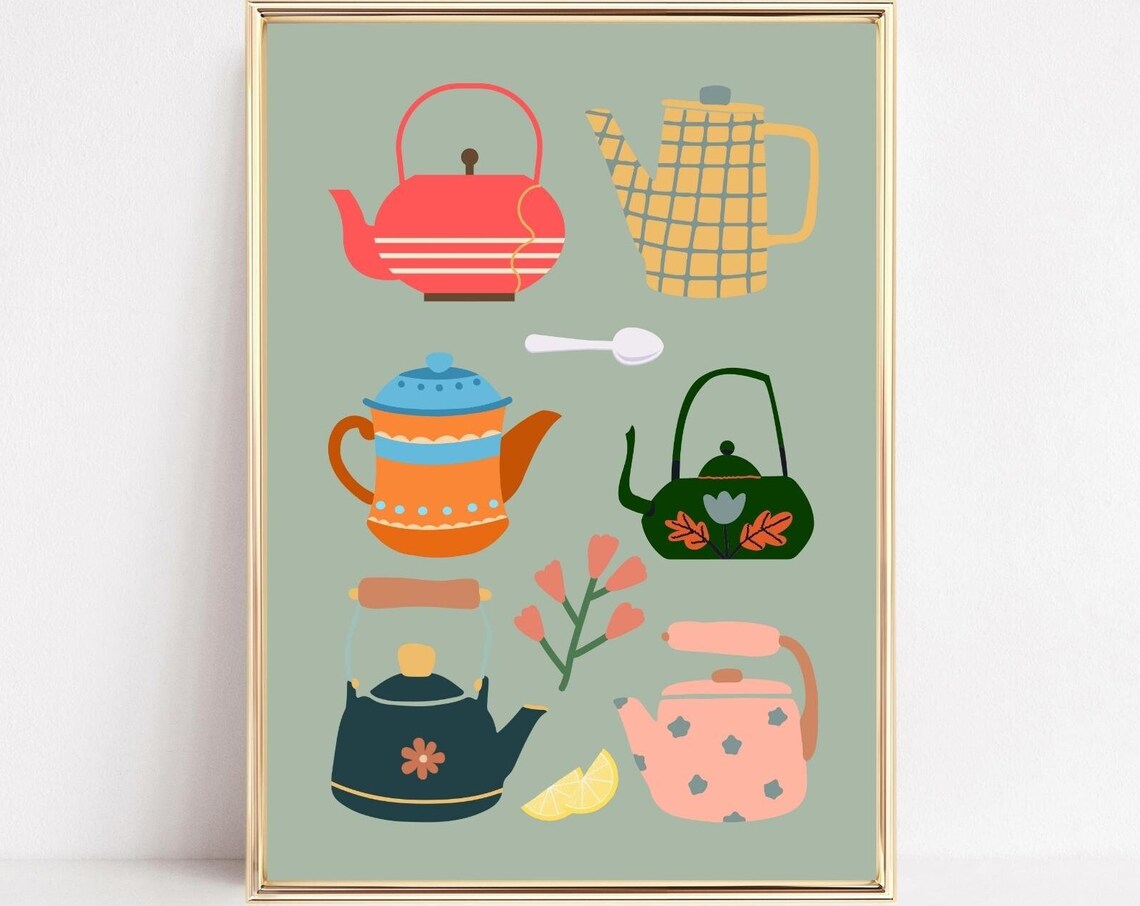 Retro Teapots Art Print, Botanical Kitchen Decor